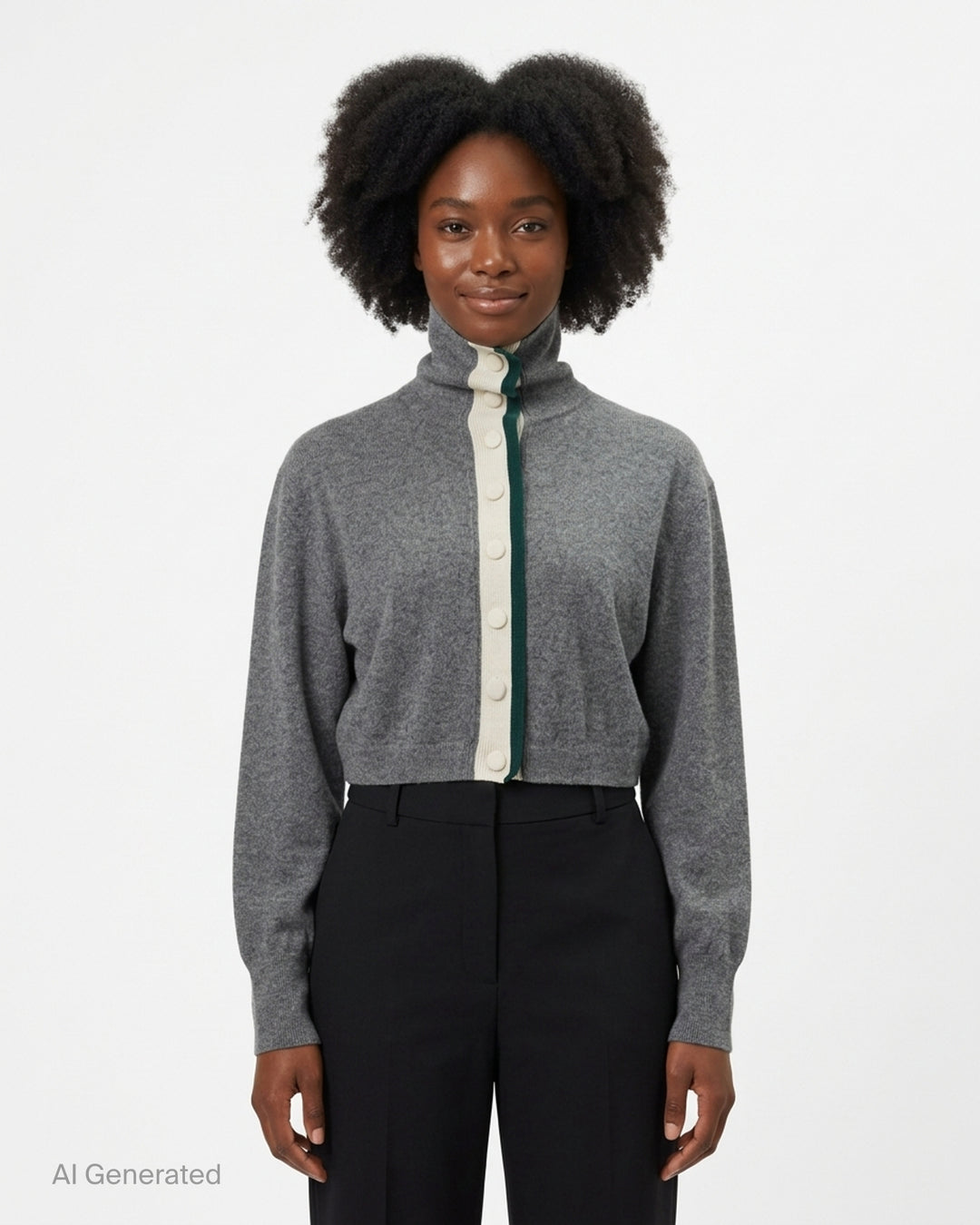 Dries Van Noten Contrast Trim Cardigan in dark brown with a teal ribbed button placket and high funnel neck, cropped silhouette with long sleeves - front