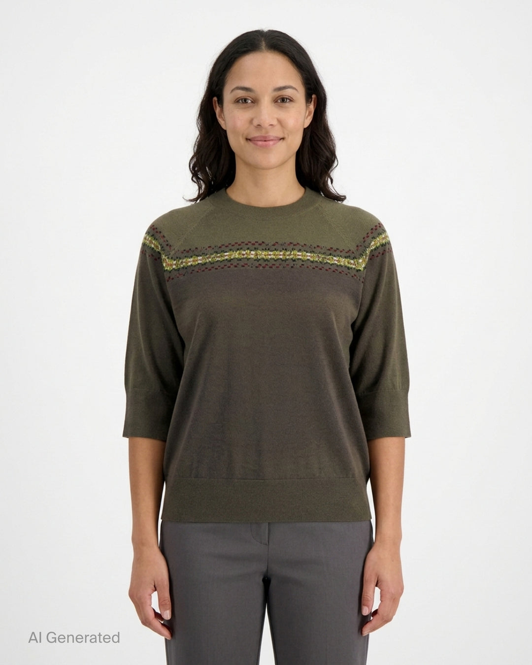 Dries Van Noten cream knit top with three-quarter sleeves, mock neck, and a multicolour Fair Isle jacquard yoke band featuring red, green, and black floral motifs - front