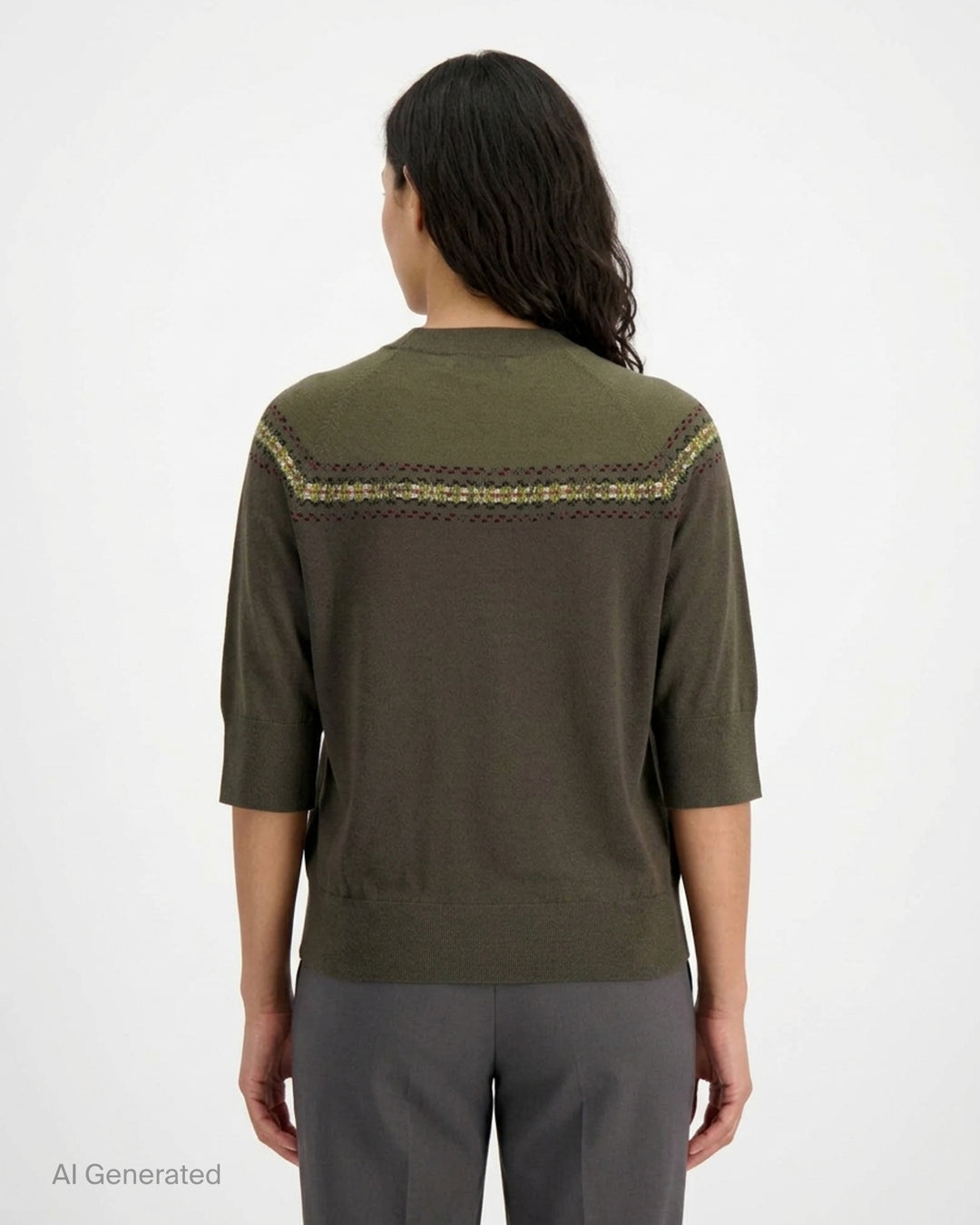 Dries Van Noten cream knit top with three-quarter sleeves, mock neck, and a multicolour Fair Isle jacquard yoke band featuring red, green, and black floral motifs - back