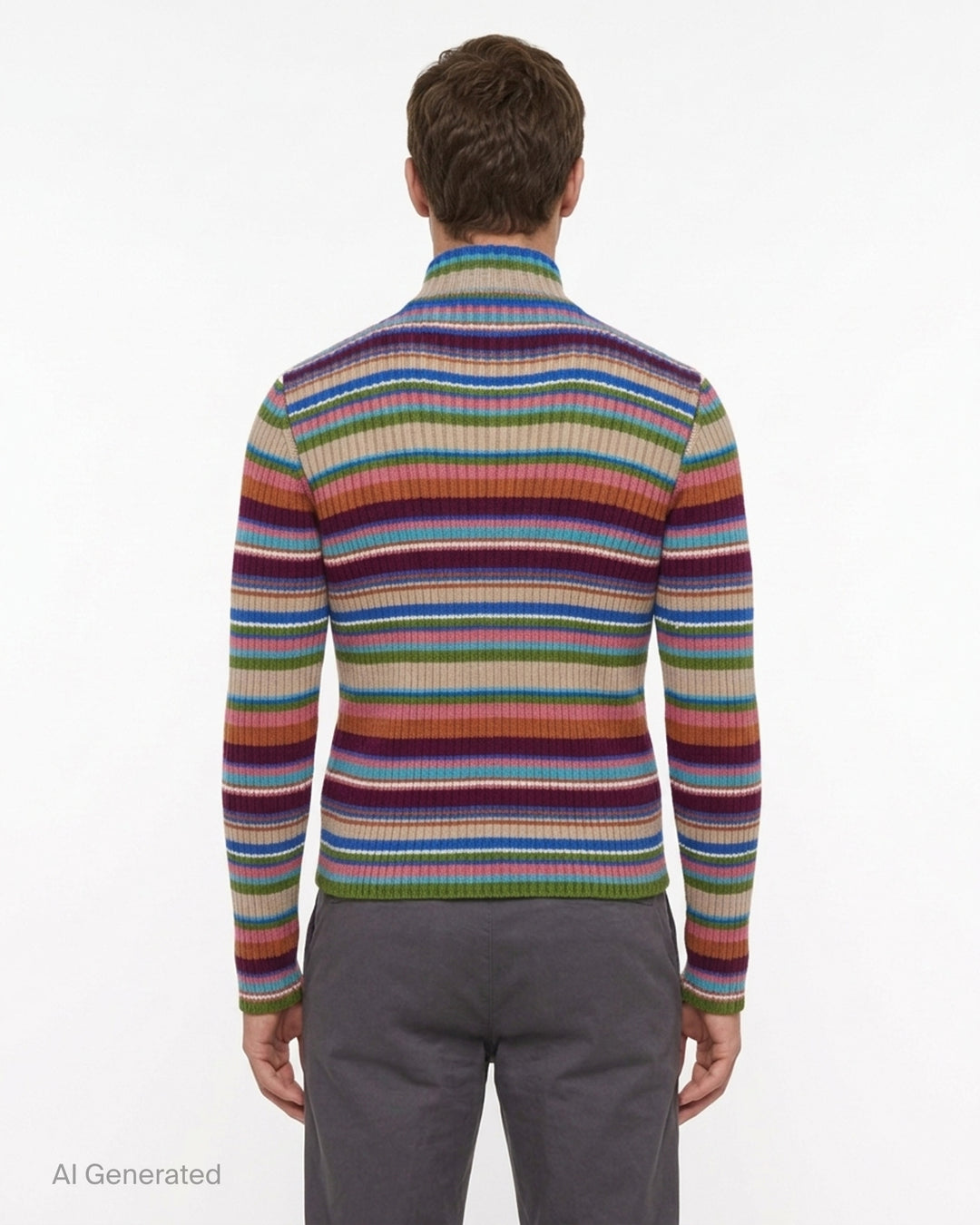 Dries Van Noten fitted rib cardigan with multicoloured horizontal stripes, a green and beige jacquard front panel, and dual zip closure - back