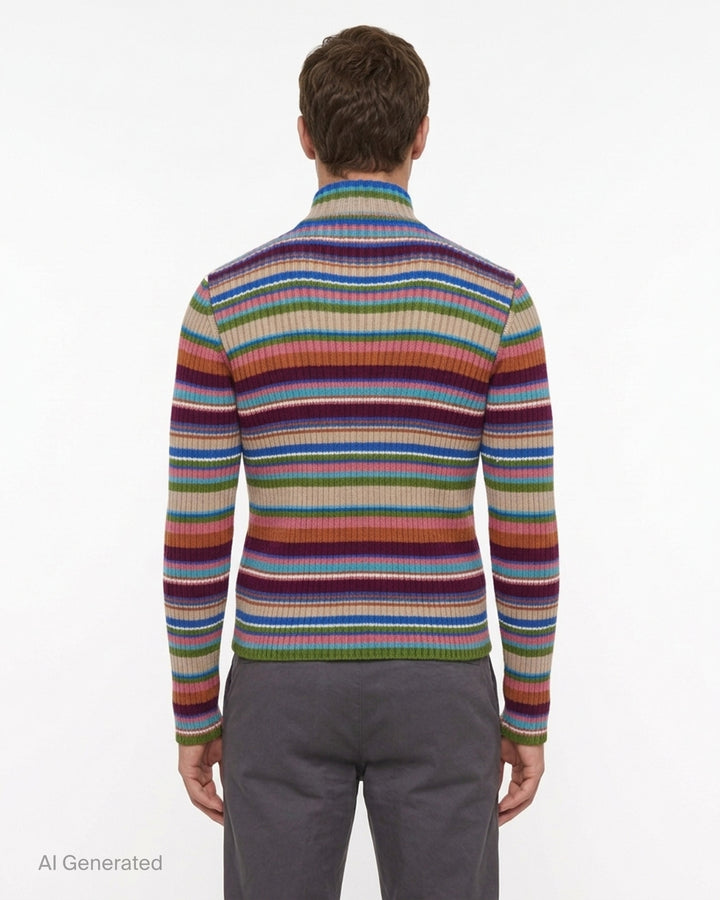 Dries Van Noten fitted rib cardigan with multicoloured horizontal stripes, a green and beige jacquard front panel, and dual zip closure - back