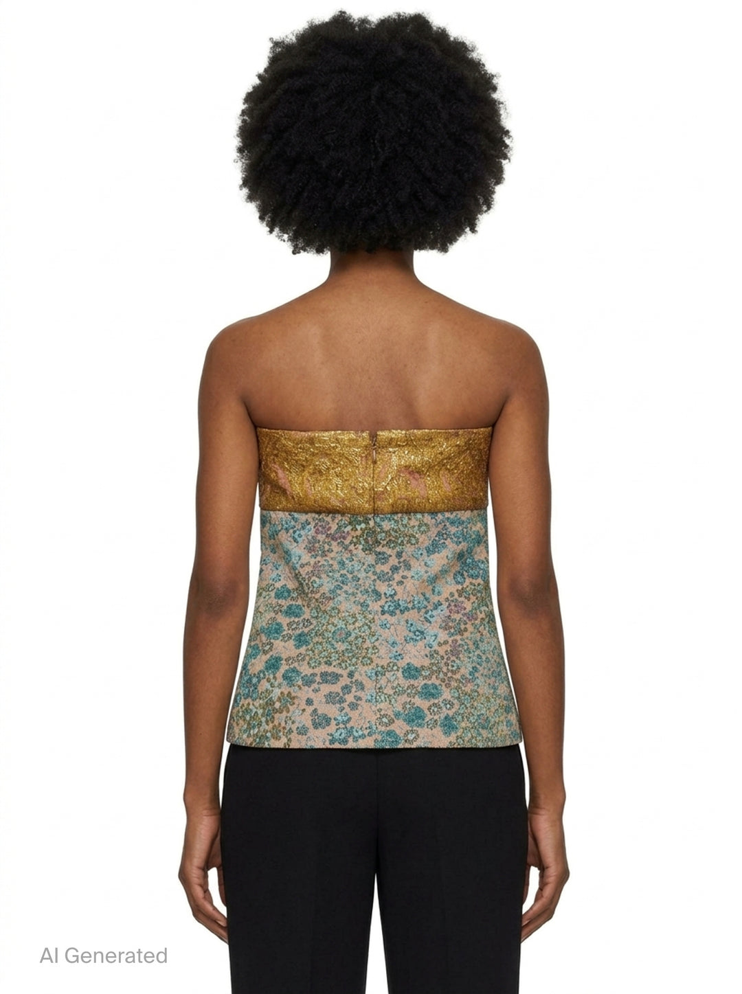 Dries Van Noten structured strapless bustier top in mixed floral jacquard patchwork, featuring a dark-ground botanical upper panel and a blue-ground meadow floral lower panel with a gently flared silhouette - back