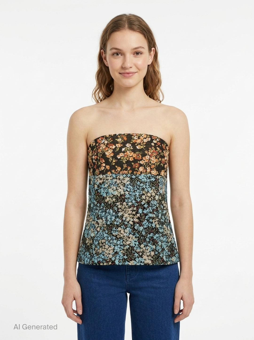 Dries Van Noten structured strapless bustier top in mixed floral jacquard patchwork, featuring a dark-ground botanical upper panel and a blue-ground meadow floral lower panel with a gently flared silhouette - front