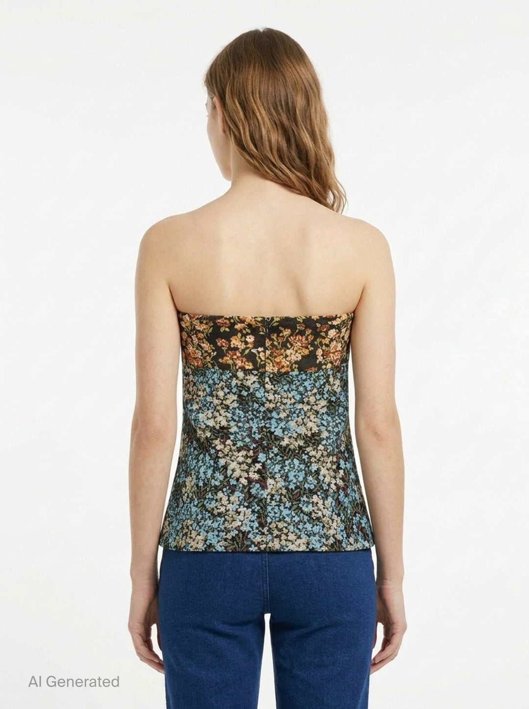 Dries Van Noten structured strapless bustier top in mixed floral jacquard patchwork, featuring a dark-ground botanical upper panel and a blue-ground meadow floral lower panel with a gently flared silhouette - back
