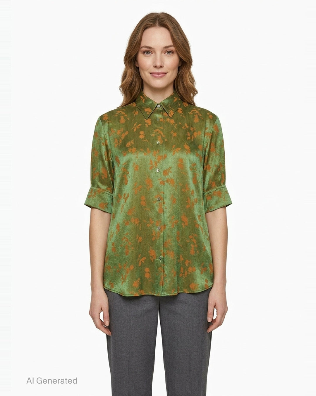 Dries Van Noten short sleeve shirt in olive green satin with all-over orange floral jacquard print, button front and folded cuffs - front