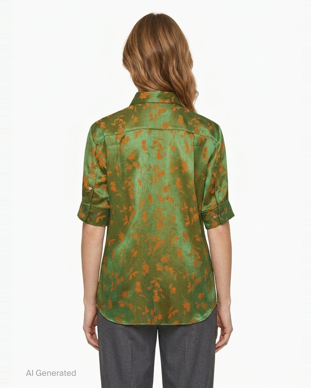 Dries Van Noten short sleeve shirt in olive green satin with all-over orange floral jacquard print, button front and folded cuffs - back