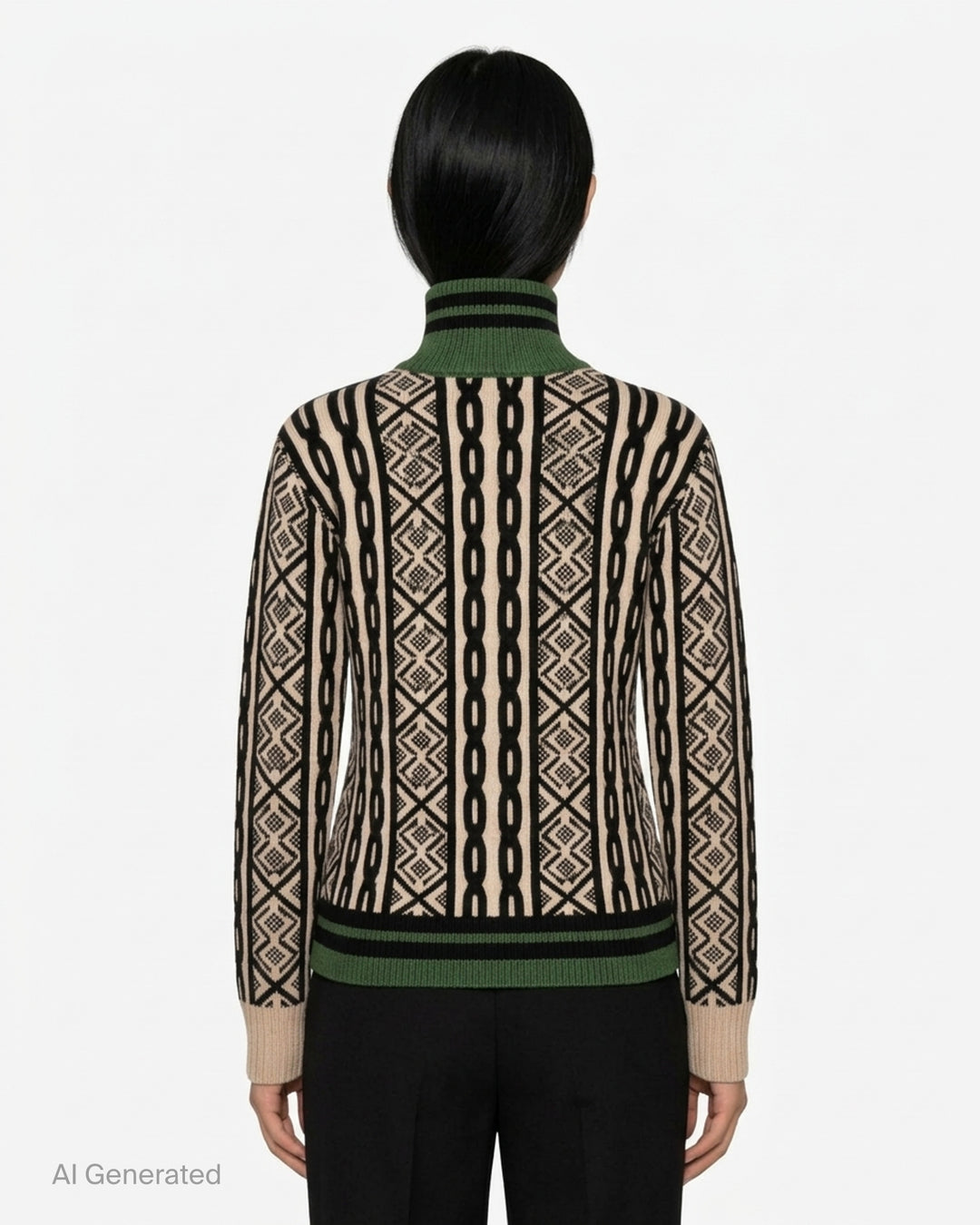 Dries Van Noten zip-front cardigan with cream and black cable and geometric jacquard knit, green striped ribbed high neck and hem - back