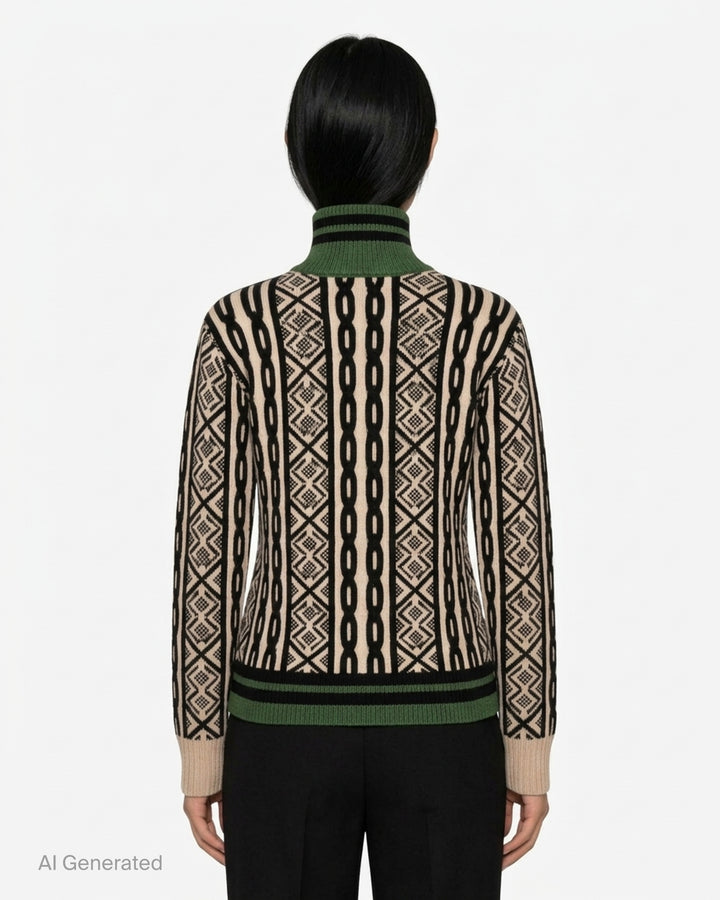 Dries Van Noten zip-front cardigan with cream and black cable and geometric jacquard knit, green striped ribbed high neck and hem - back
