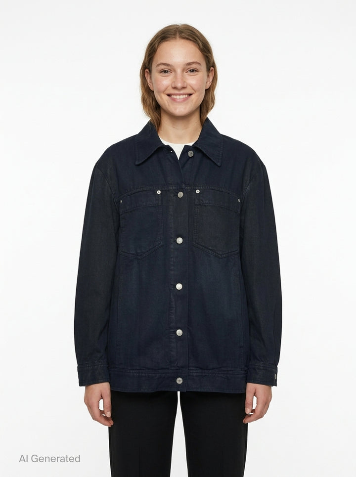 Dries Van Noten oversized black denim jacket with silver snap buttons, dual chest pockets, and trucker-style yoke seaming, displayed flat on a white background - front
