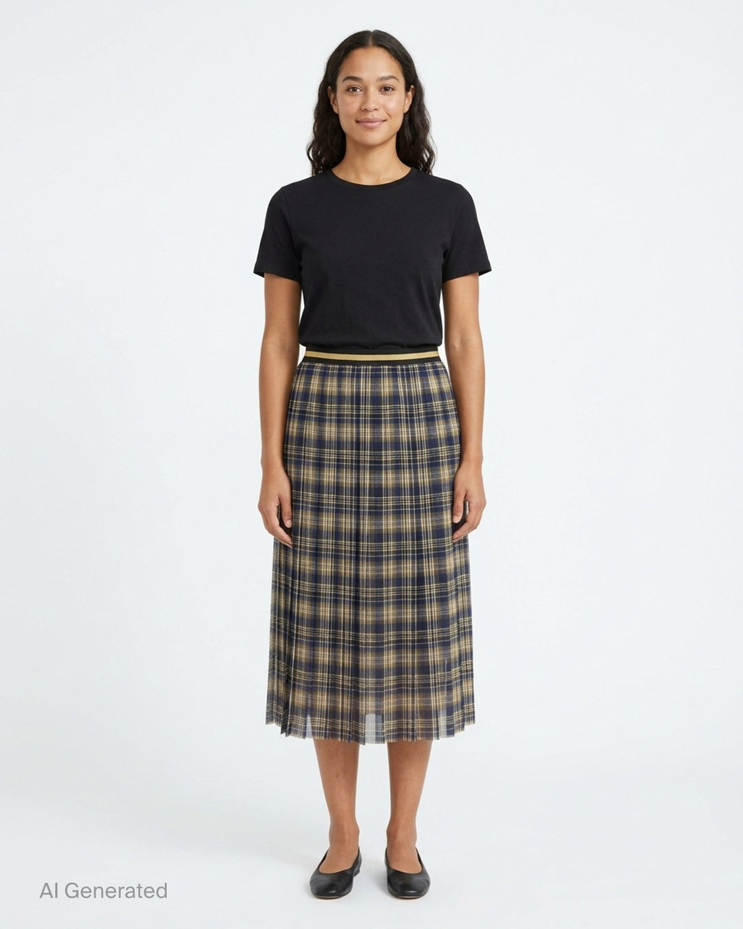 Dries Van Noten pleated midi skirt in navy, olive and cream plaid with a black and gold striped waistband - front