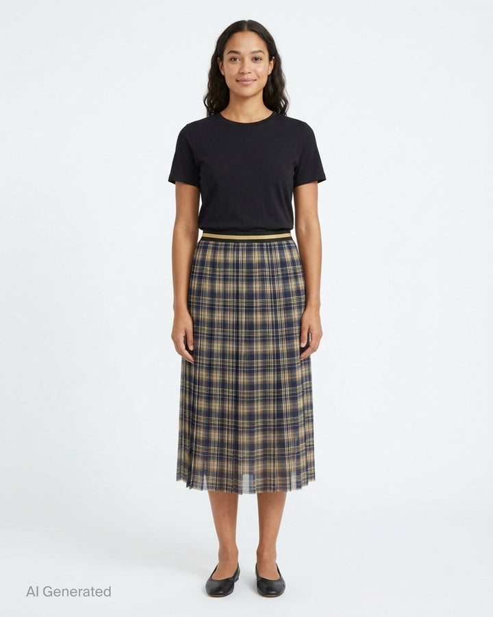 Dries Van Noten pleated midi skirt in navy, olive and cream plaid with a black and gold striped waistband - front