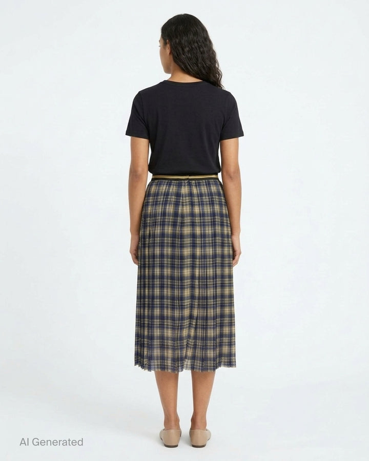 Dries Van Noten pleated midi skirt in navy, olive and cream plaid with a black and gold striped waistband - back
