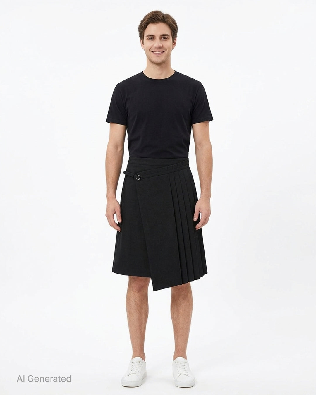Dries Van Noten black pleated wrap kilt skirt with diagonal buckle waistband and asymmetric knife-pleated hem, shot on a white background - front