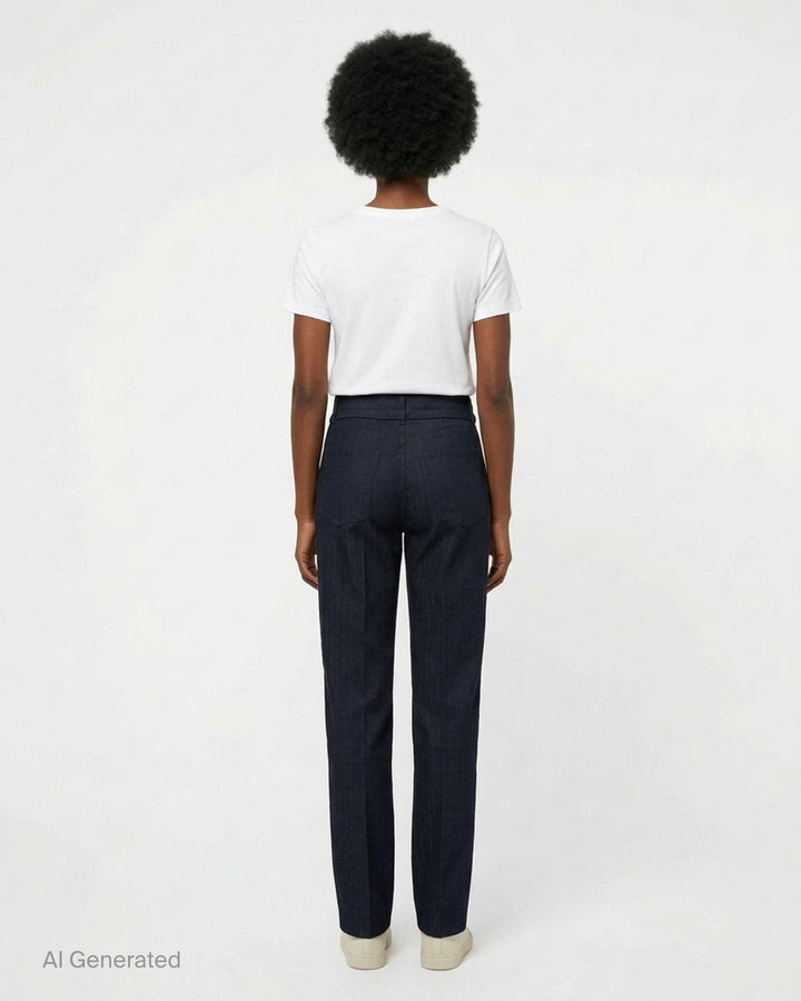 Dries Van Noten navy pleated high-rise trousers with gold contrast stripe along both outer seams and adjustable buckle tab waist closure - back