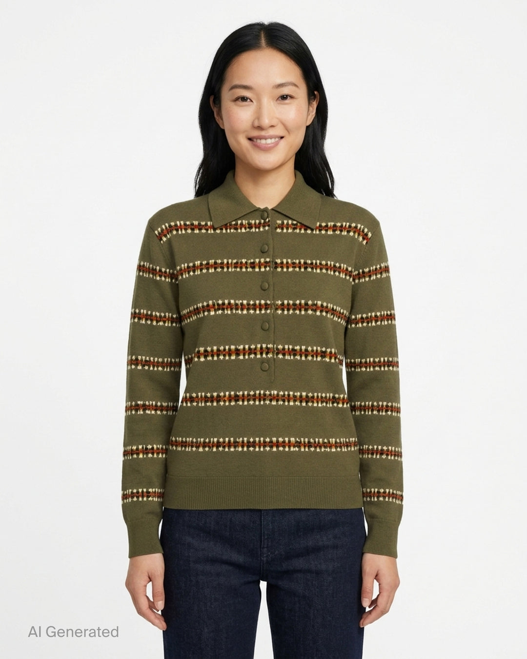 Dries Van Noten olive green long sleeve knit polo with multicolour jacquard stripes and fabric-covered buttons - front