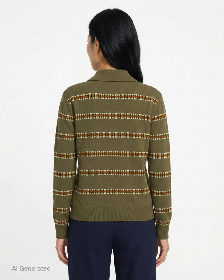 Dries Van Noten olive green long sleeve knit polo with multicolour jacquard stripes and fabric-covered buttons - back