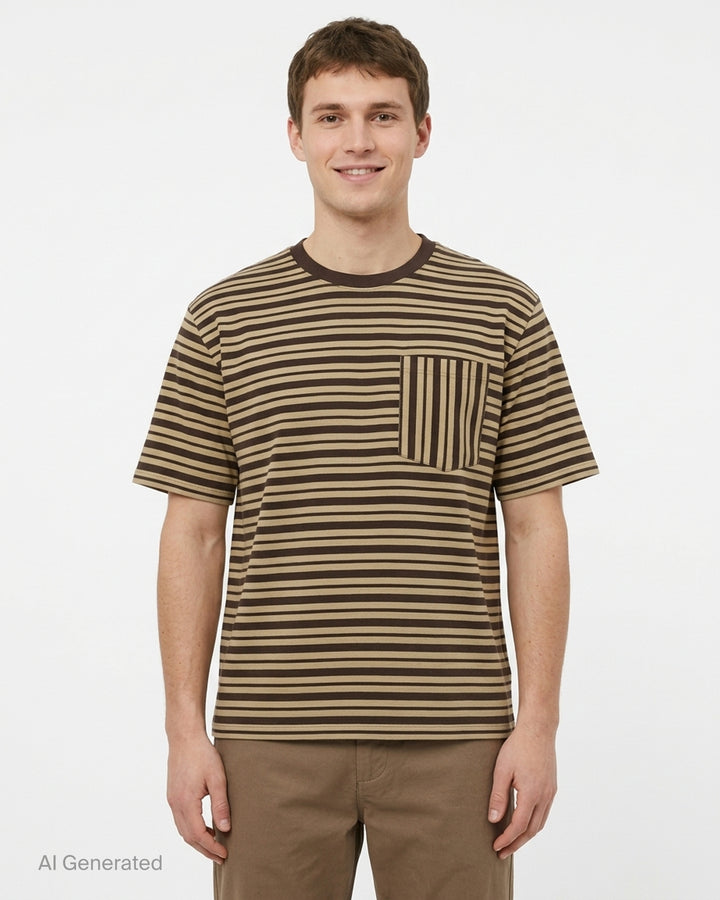 Dries Van Noten relaxed striped pocket t-shirt in multicolour horizontal stripes of burgundy, mustard, olive and grey, with a contrast vertical-stripe chest pocket and crew neck - front