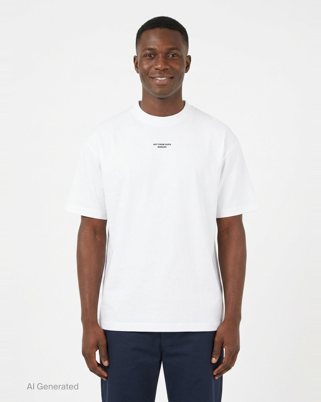 Drôle de Monsieur Classic Slogan Tee in white with 'Not From Paris, Madame' chest print, relaxed oversized fit with crew neck and short sleeves - front