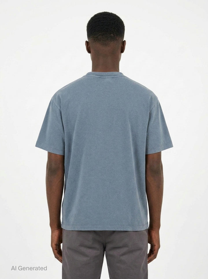 Drôle de Monsieur Classic Slogan Tee in washed slate blue with 'Not From Paris Madame' chest print, relaxed boxy fit, short sleeves, and ribbed crew neck - back
