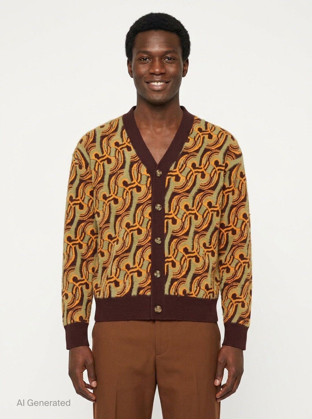 Drôle de Monsieur Mirror Abstrait Cardigan with all-over amber and sage swirl jacquard pattern, deep V-neck, burgundy ribbed trims, and horn-effect button fastening - front