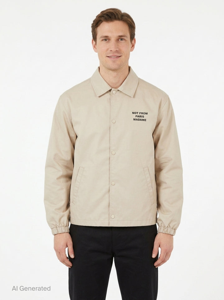 Drôle de Monsieur Not From Paris Madame slogan coach jacket in ecru with snap-button closure, point collar, elasticated cuffs, and embroidered chest slogan - front