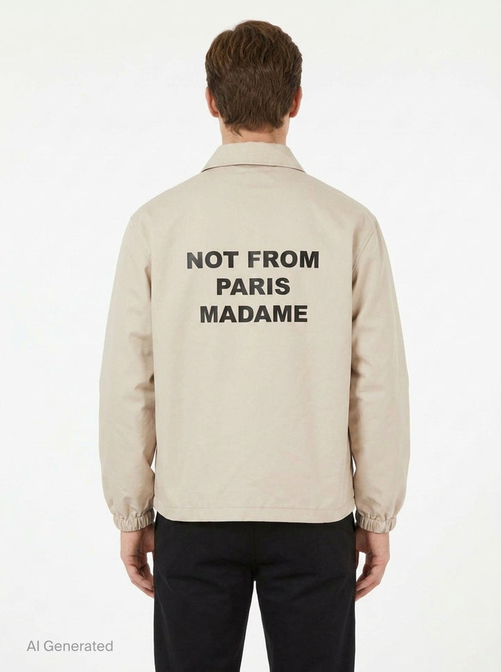 Drôle de Monsieur Not From Paris Madame slogan coach jacket in ecru with snap-button closure, point collar, elasticated cuffs, and embroidered chest slogan - back