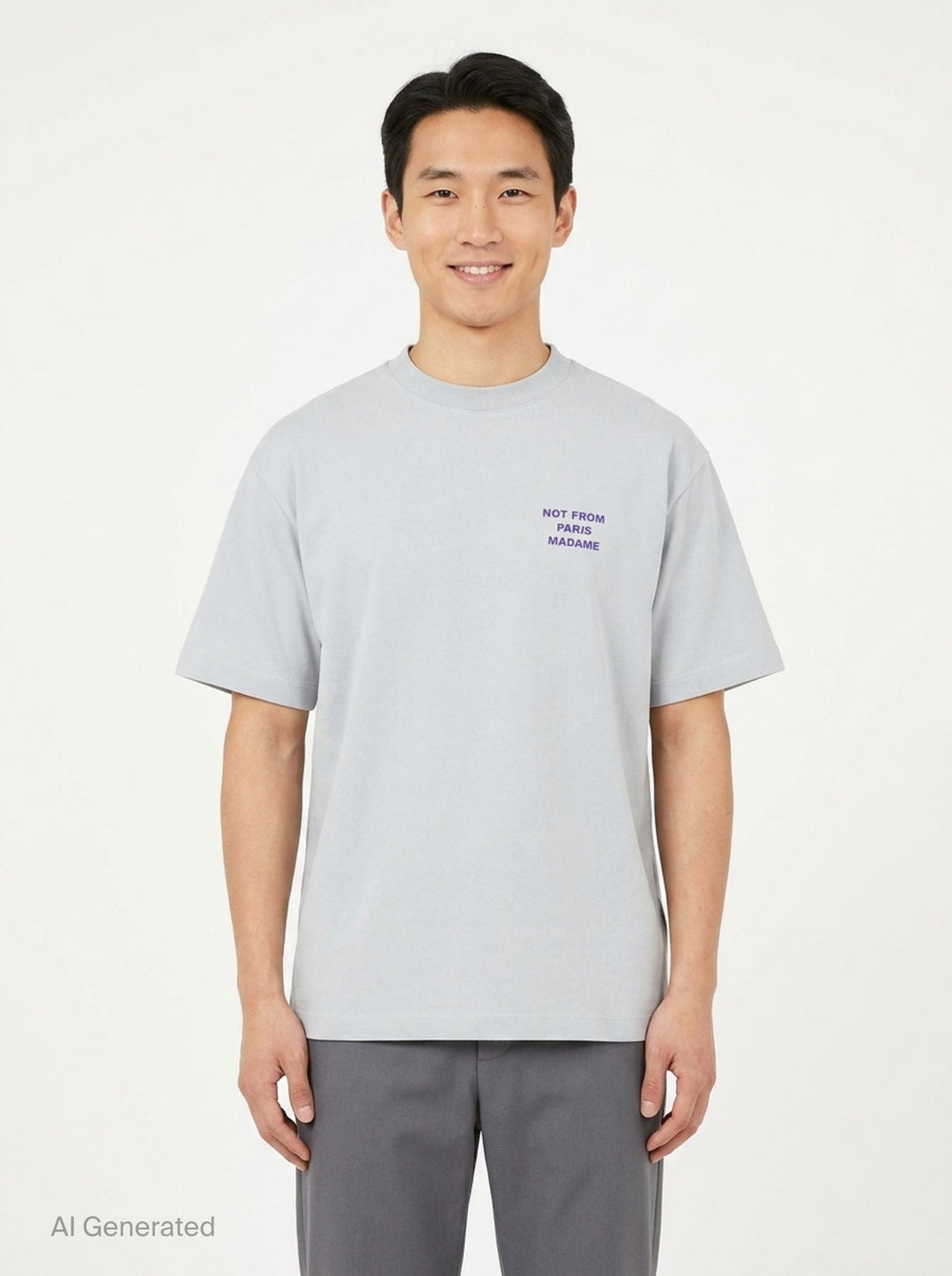 Drôle de Monsieur Not From Paris Madame pale grey oversized cotton tee with purple slogan print on the chest - front