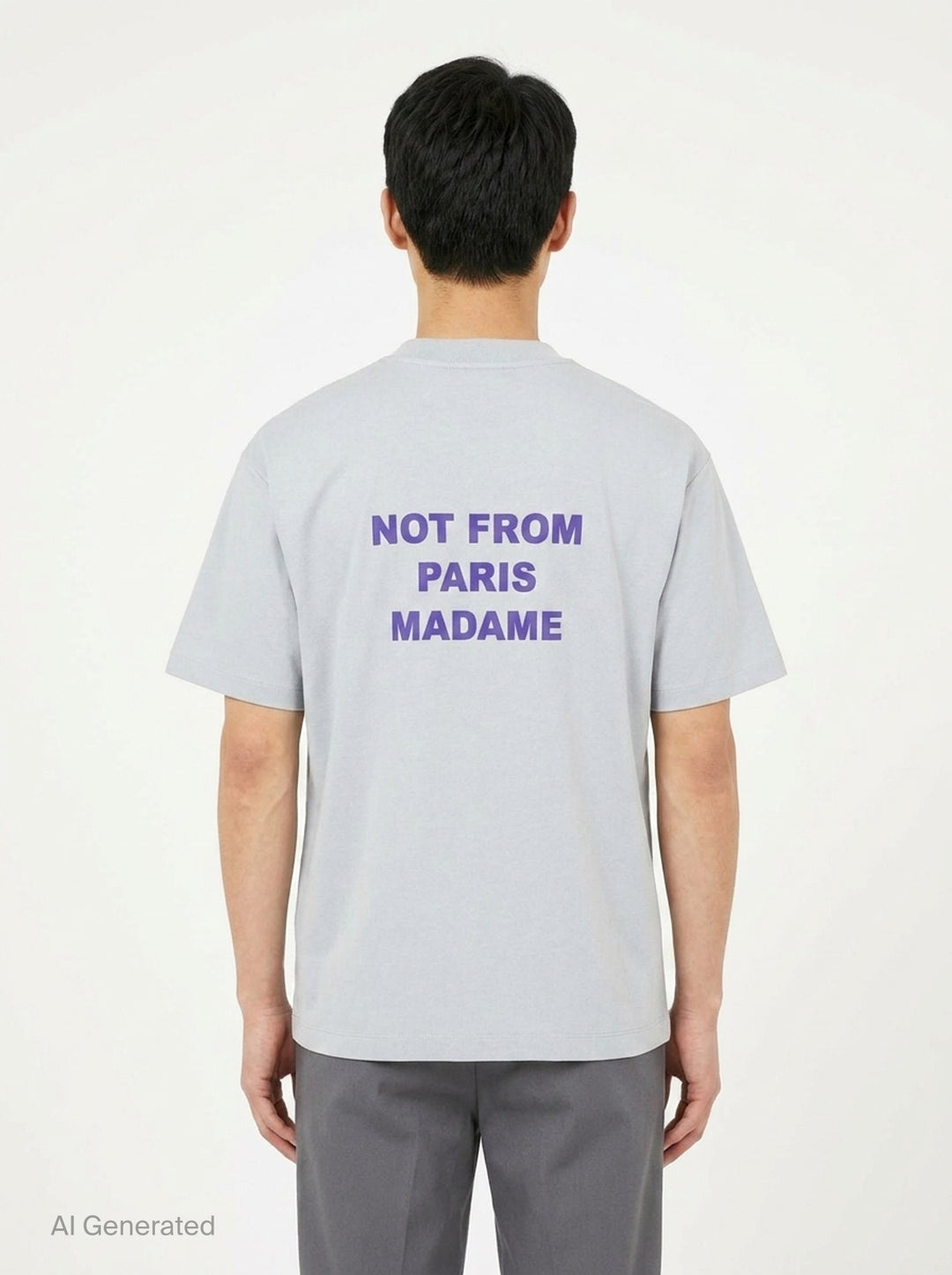 Drôle de Monsieur Not From Paris Madame pale grey oversized cotton tee with purple slogan print on the chest - back