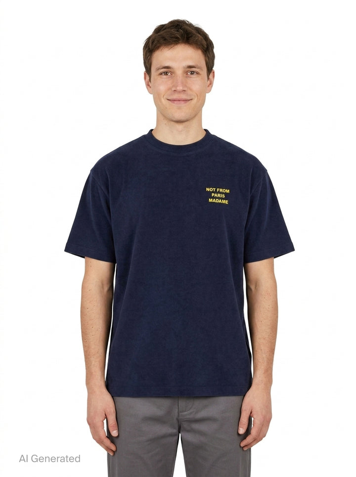Drôle de Monsieur Not From Paris Madame navy short sleeve oversized tee with yellow slogan print on the chest - front