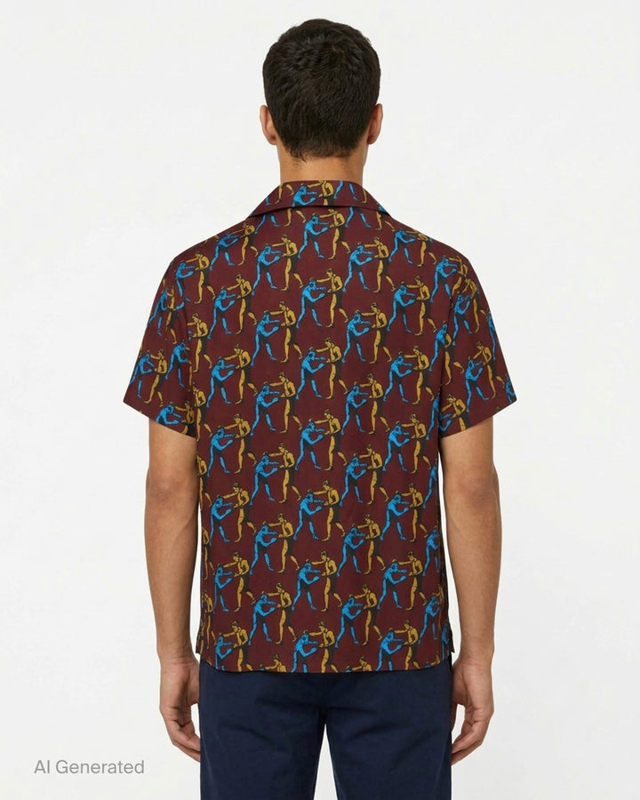 Drôle de Monsieur Notcha short sleeve shirt with an all-over vintage boxing print in blue and ochre on burgundy, featuring a camp collar and white buttons - back