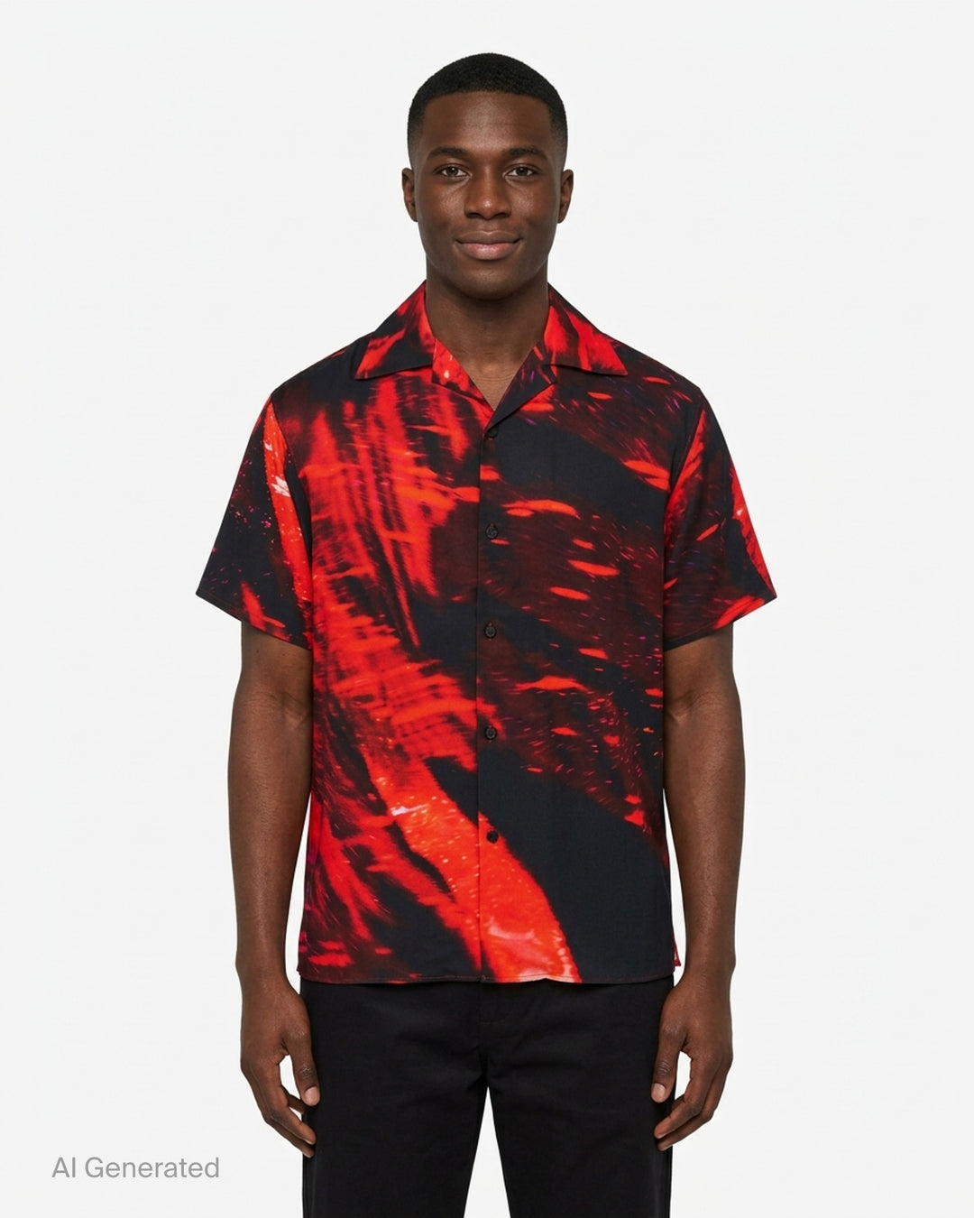 Drôle de Monsieur Notcha short sleeve shirt in a red and black abstract fire print with a camp collar and black buttons - front