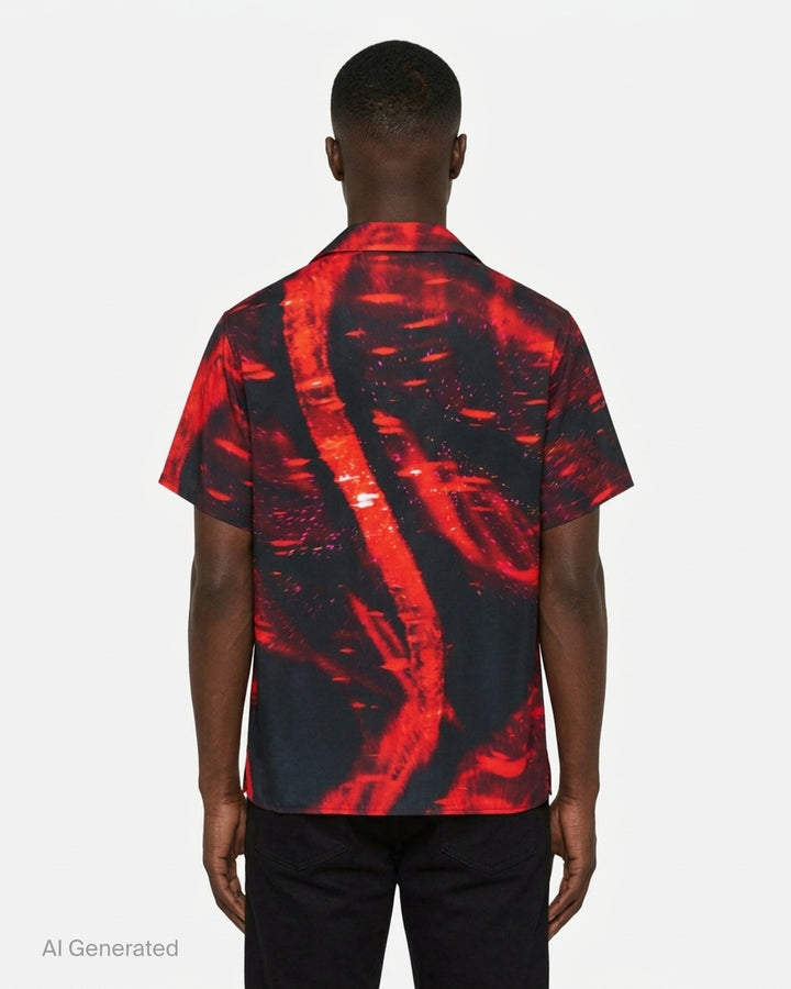 Drôle de Monsieur Notcha short sleeve shirt in a red and black abstract fire print with a camp collar and black buttons - back