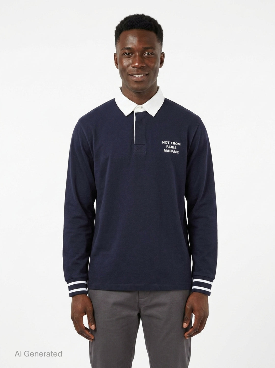 Drôle de Monsieur Slogan Long Sleeve Polo in navy with contrast white collar, striped ribbed cuffs, and 'Not From Paris Madame' chest embroidery - front