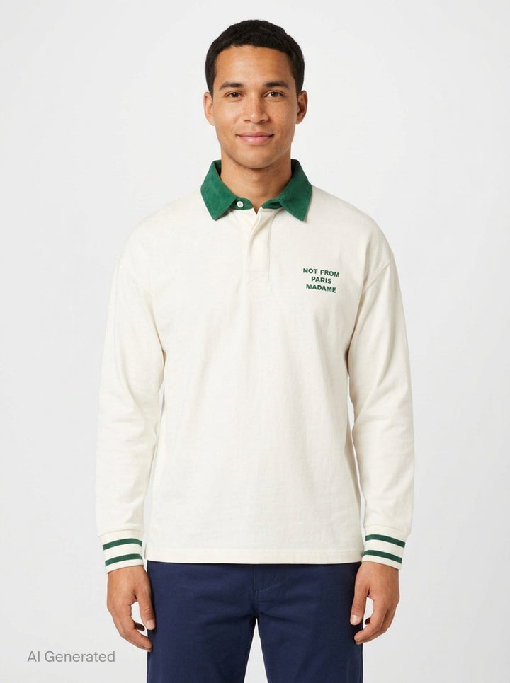 Drôle de Monsieur Slogan Long Sleeve Polo in cream with forest-green contrast collar, striped ribbed cuffs, and 'Not From Paris Madame' chest embroidery - front