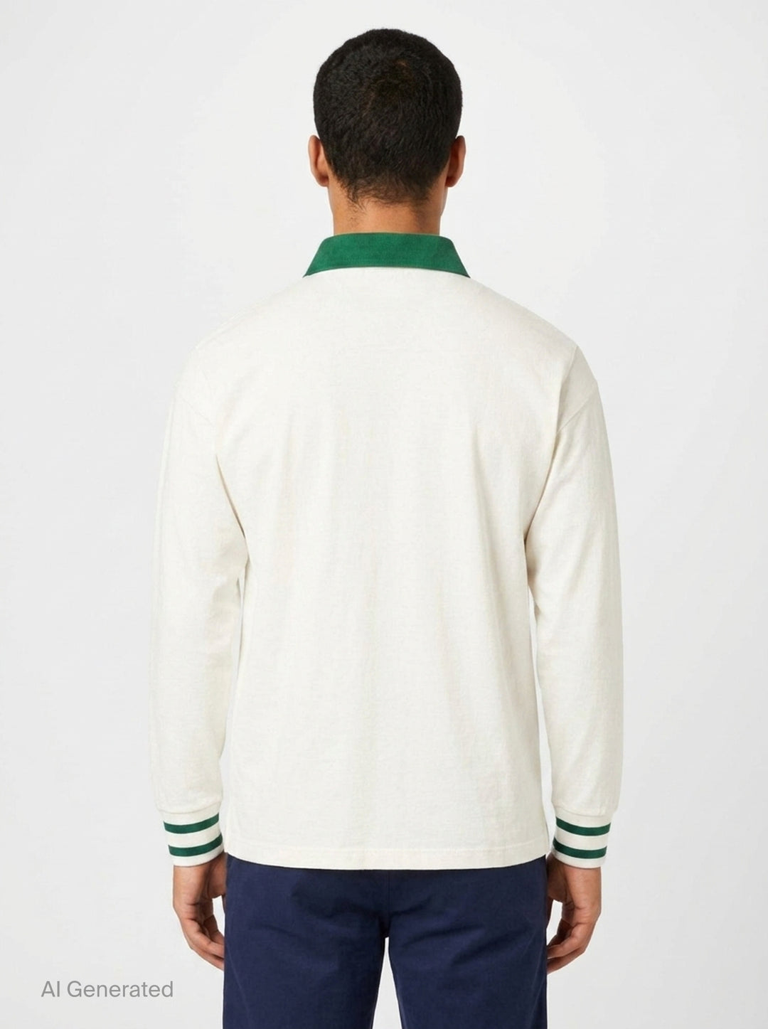 Drôle de Monsieur Slogan Long Sleeve Polo in cream with forest-green contrast collar, striped ribbed cuffs, and 'Not From Paris Madame' chest embroidery - back