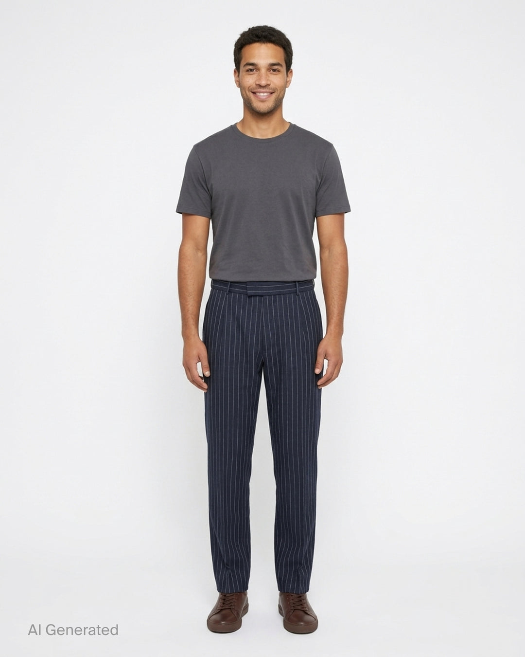 Navy pinstripe single pleat trousers by Drôle de Monsieur, shown front-facing with high waist and tapered leg - front