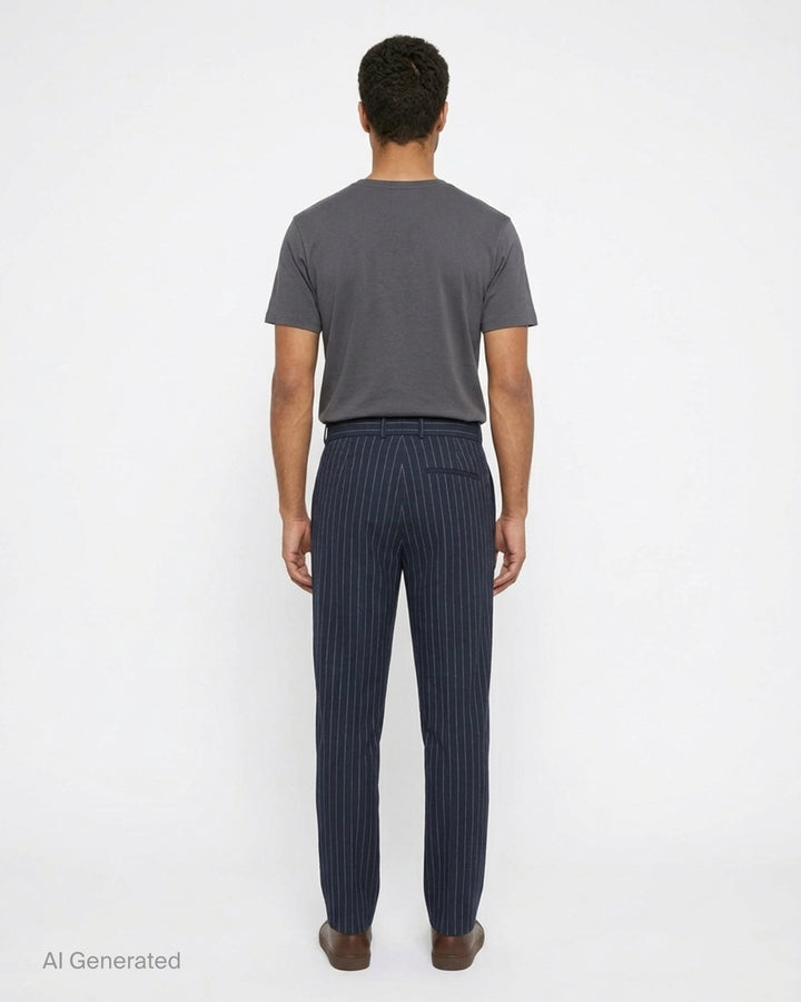 Navy pinstripe single pleat trousers by Drôle de Monsieur, shown front-facing with high waist and tapered leg - back
