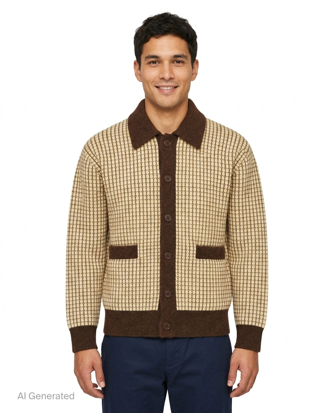 Drôle de Monsieur waffle knit cardigan in cream with brown contrast collar, button placket, cuffs, hem and patch pockets - front