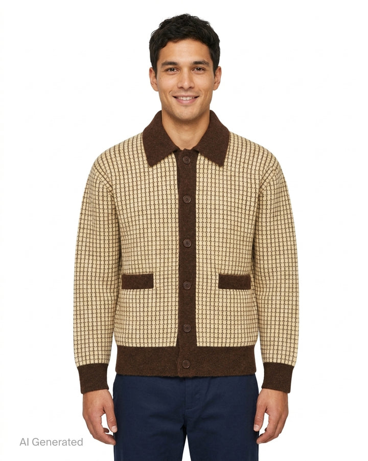Drôle de Monsieur waffle knit cardigan in cream with brown contrast collar, button placket, cuffs, hem and patch pockets - front