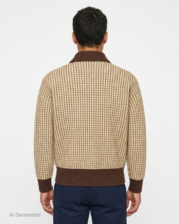 Drôle de Monsieur waffle knit cardigan in cream with brown contrast collar, button placket, cuffs, hem and patch pockets - back
