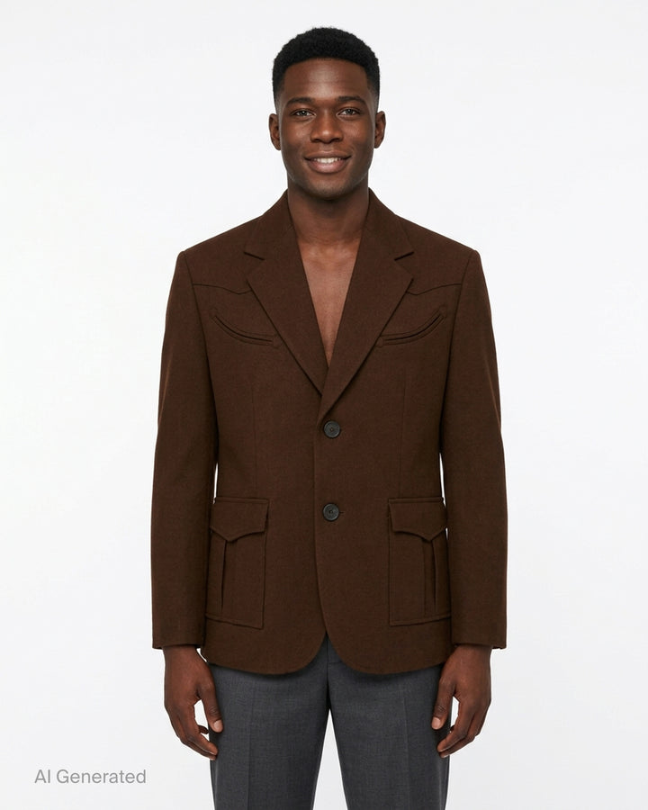 Drôle de Monsieur Western single-breasted jacket in chocolate brown with notched lapels, yoked shoulders, smile chest pockets and flap pockets - front