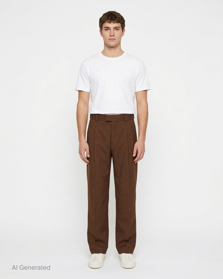 Drôle de Monsieur brown wool twill golfer pants with pleated front, high waistband and straight leg, shown front view - front