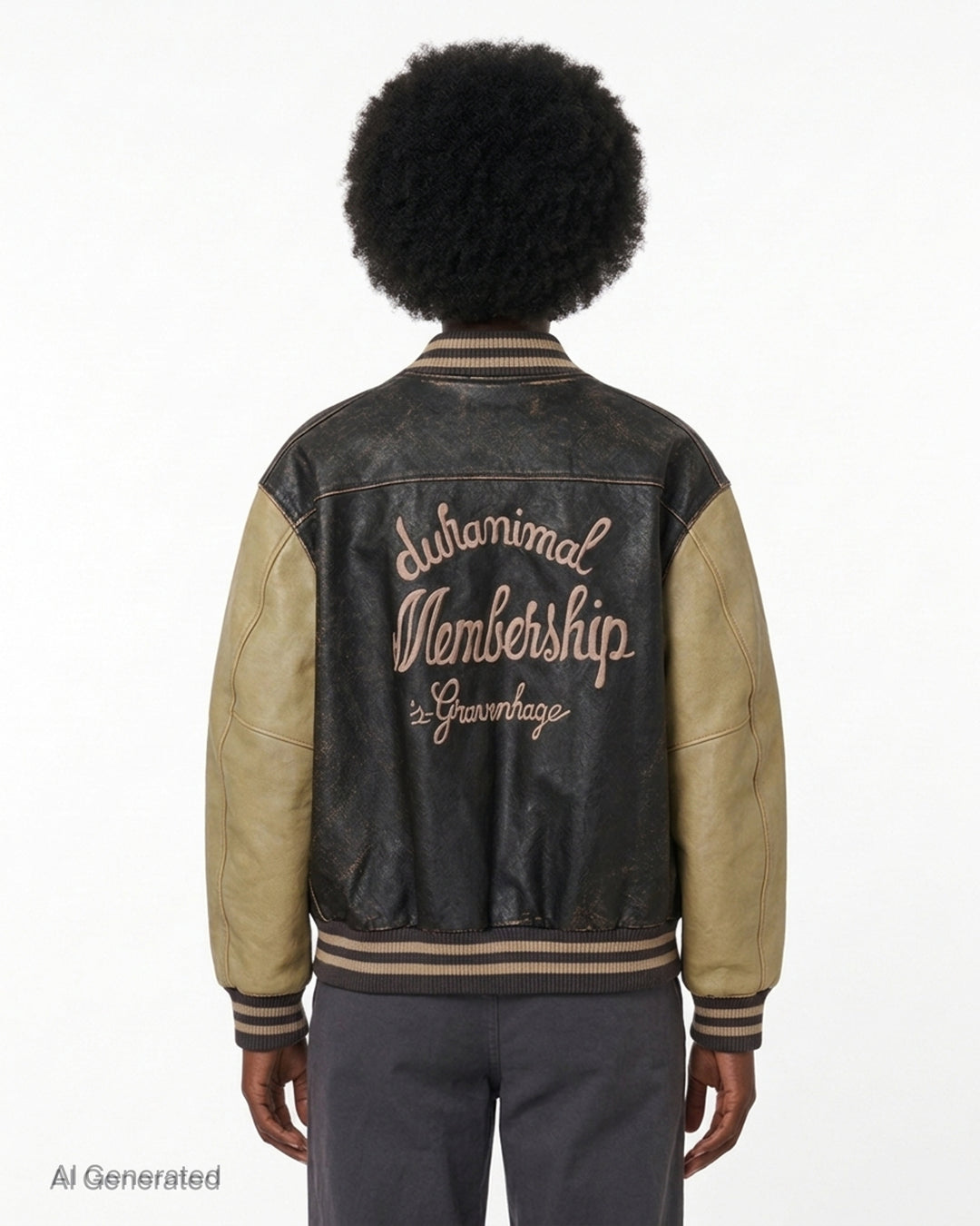 Duran Lantink Duranimal leather bomber jacket in distressed black with sand-coloured sleeves, striped ribbed trims, brass zip and pink script embroidery on the chest - back