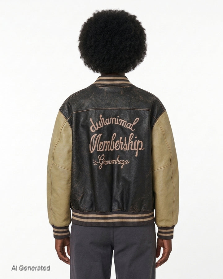 Duran Lantink Duranimal leather bomber jacket in distressed black with sand-coloured sleeves, striped ribbed trims, brass zip and pink script embroidery on the chest - back