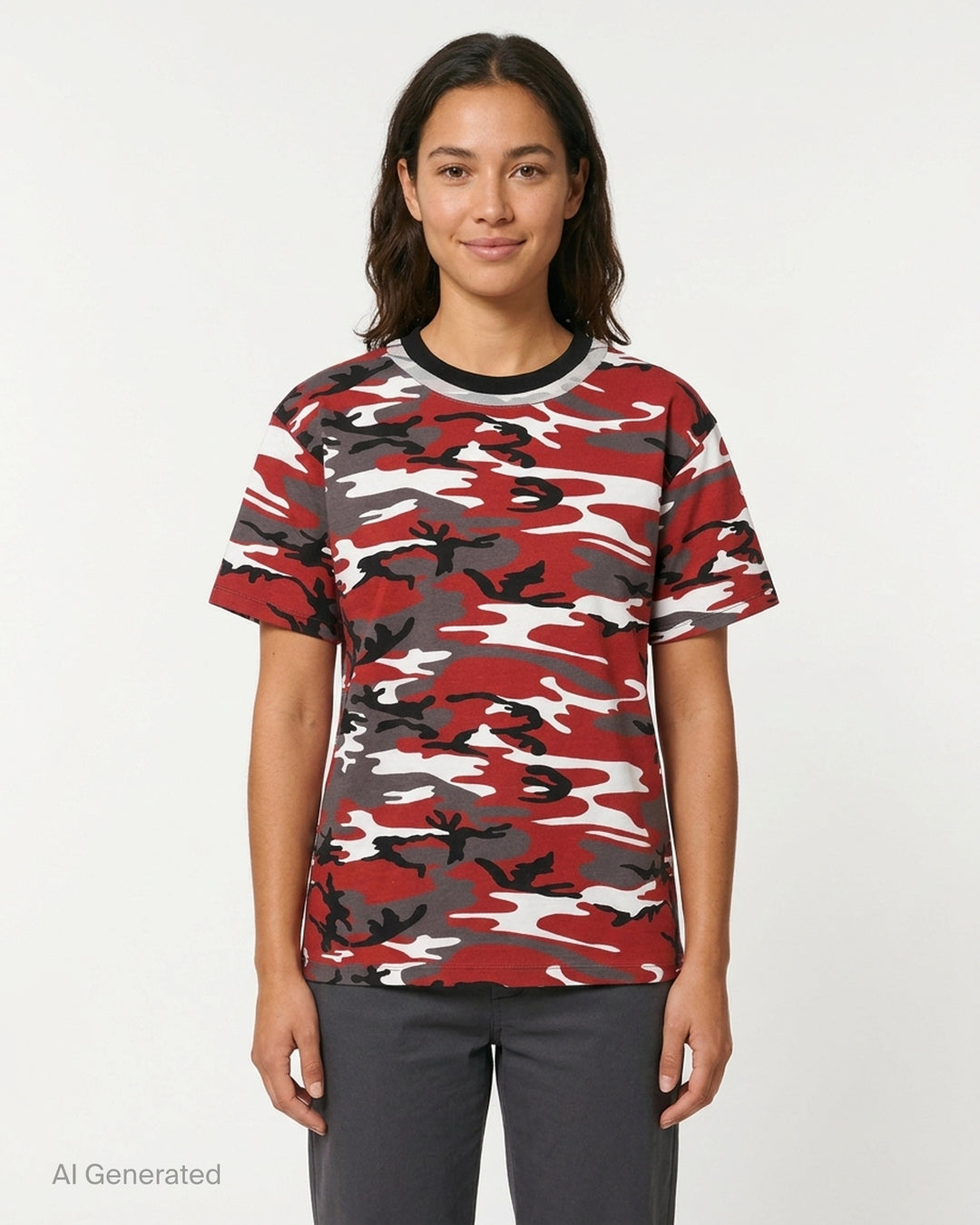 Duran Lantink Floating Camo Print T-Shirt in red, black, grey and white camouflage with black ribbed collar, front view - front
