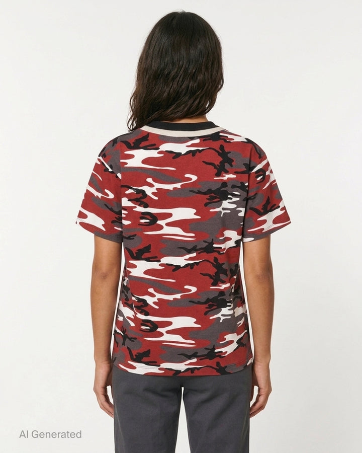 Duran Lantink Floating Camo Print T-Shirt in red, black, grey and white camouflage with black ribbed collar, front view - back