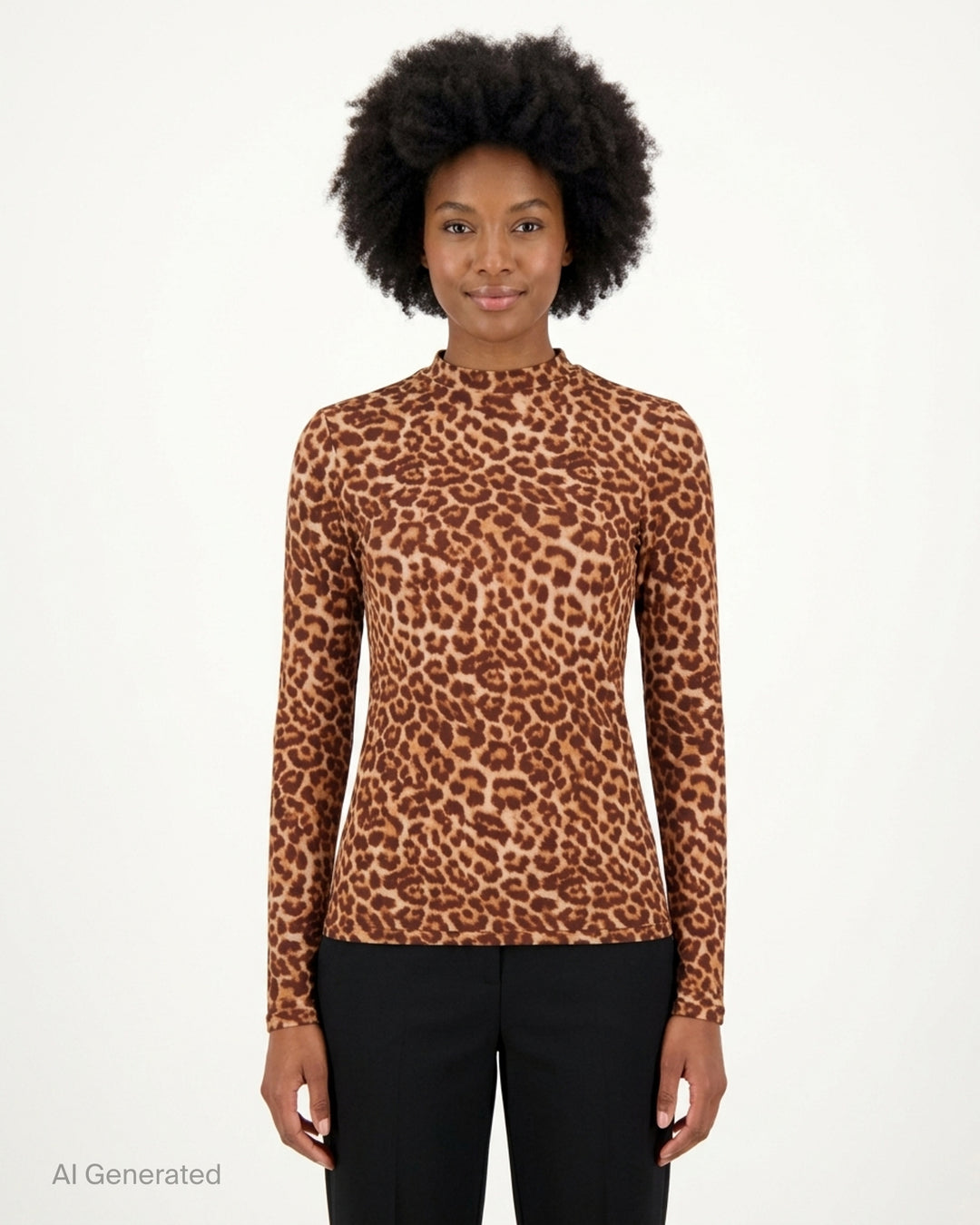 Duran Lantink long sleeve mock neck top in brown and tan leopard print jersey, shown flat from the front - front