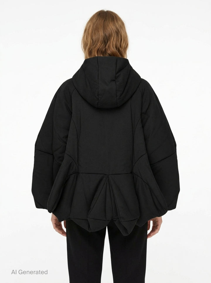 Enfold 3D Hem Hooded Coat in black, featuring a voluminous balloon hem, padded sculptural sleeves, full-length silver zip closure, and attached hood, displayed flat on a white background - back