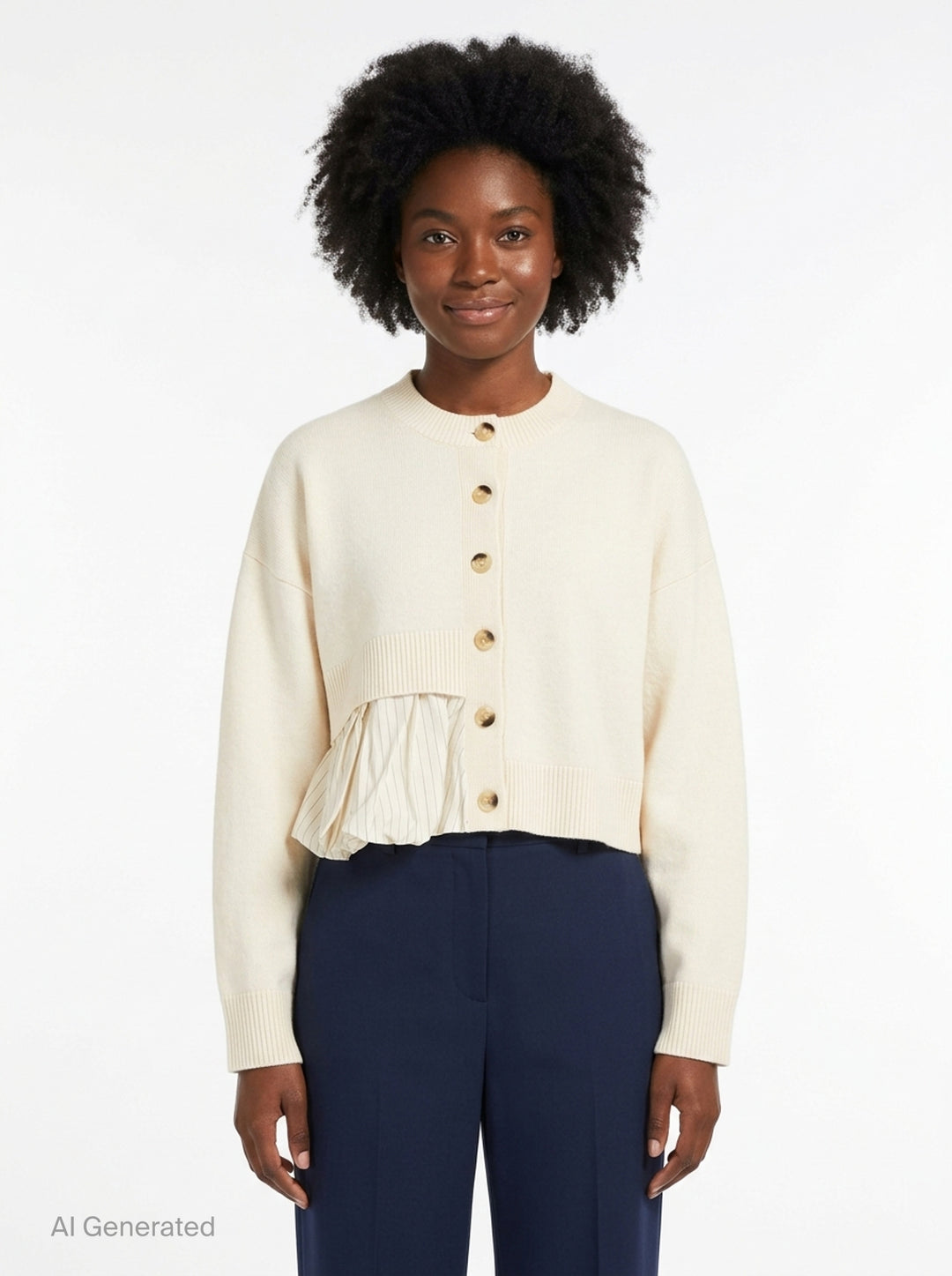 Enfold Balloon Hem Cardigan in heathered grey knit with mother-of-pearl button front closure and asymmetric crushed velvet gathered panel at the hem - front