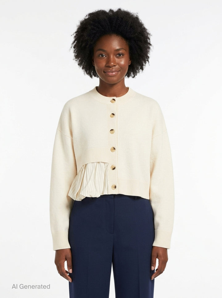 Enfold Balloon Hem Cardigan in heathered grey knit with mother-of-pearl button front closure and asymmetric crushed velvet gathered panel at the hem - front
